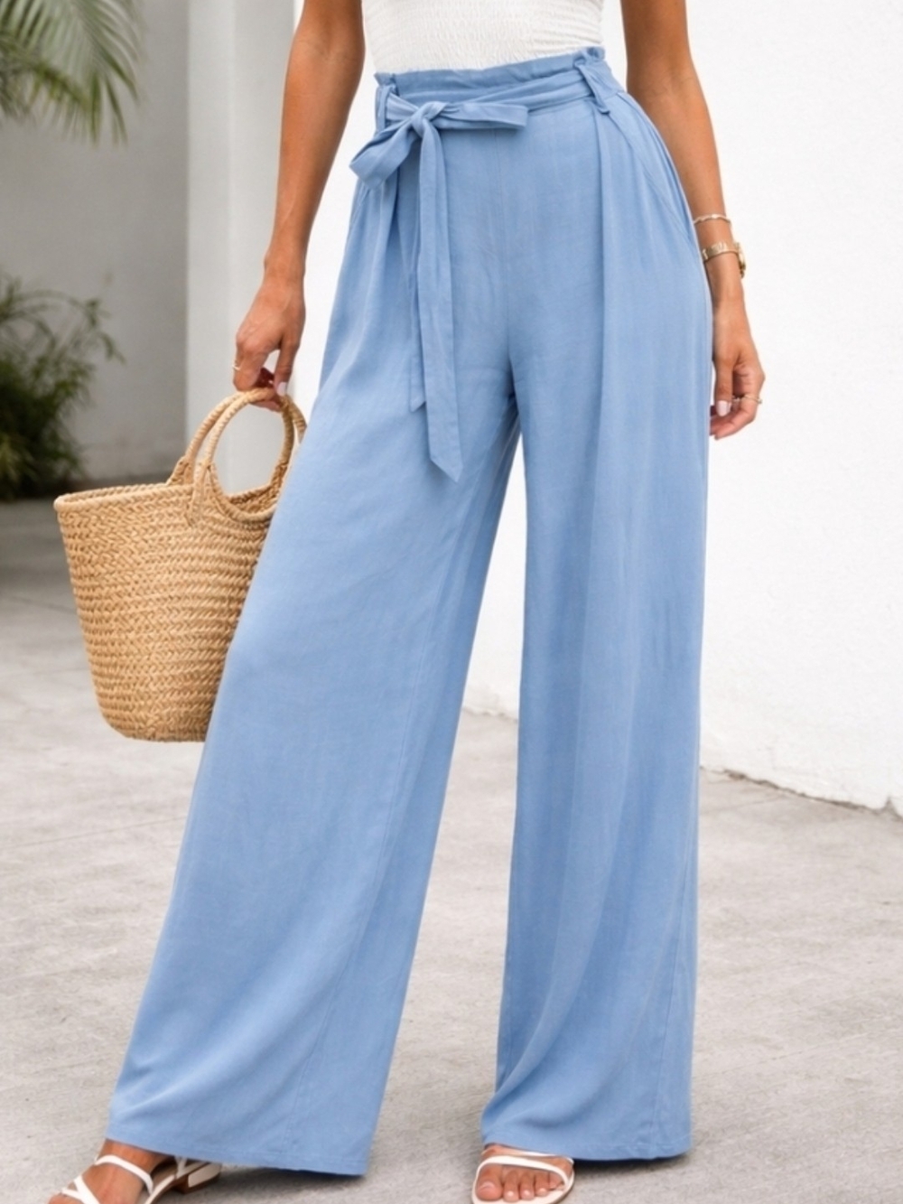 Sienna Sky Light Blue High-Waist Wide-Leg Paperbag Pants with Tie
